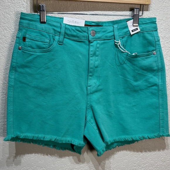 Judy Blue Pants - Judy Blue Women's XL Seafoam Green Mid Rise Frayed Hem Jean Shorts NWT